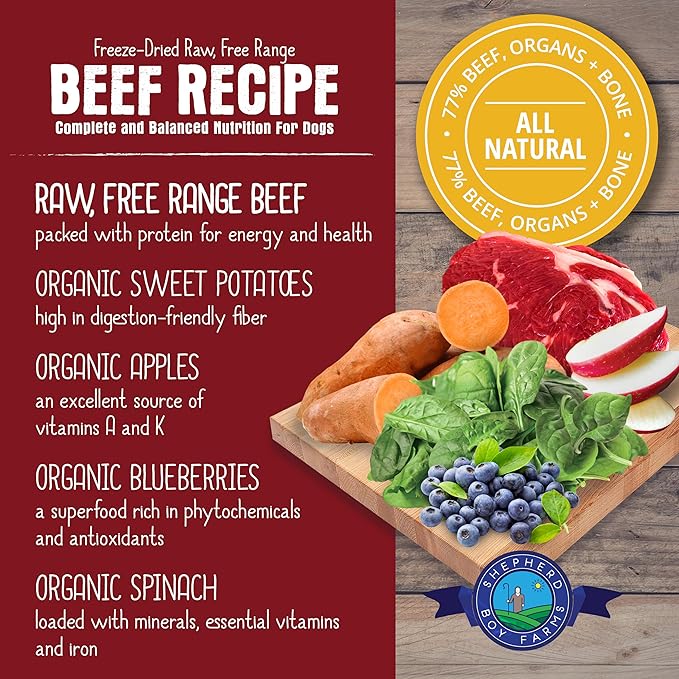 Shepherd Boy Farms Freeze Dried Raw Dog Food, All Natural, No Synthetics, Made in USA with Goat's Milk & Organic Produce, High Protein, Complete Meal (14oz, Beef)