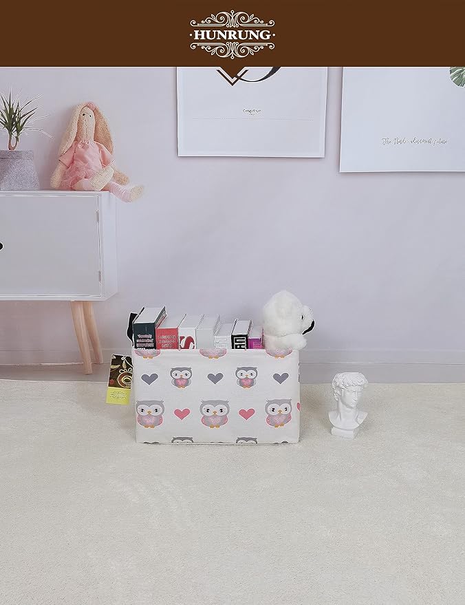 HUNRUNG Rectangle Storage Basket Cute Canvas Organizer Bin for Pet/Children Toys, Books, Clothes Perfect for Rooms/Playroom(Rec-Love Owl)