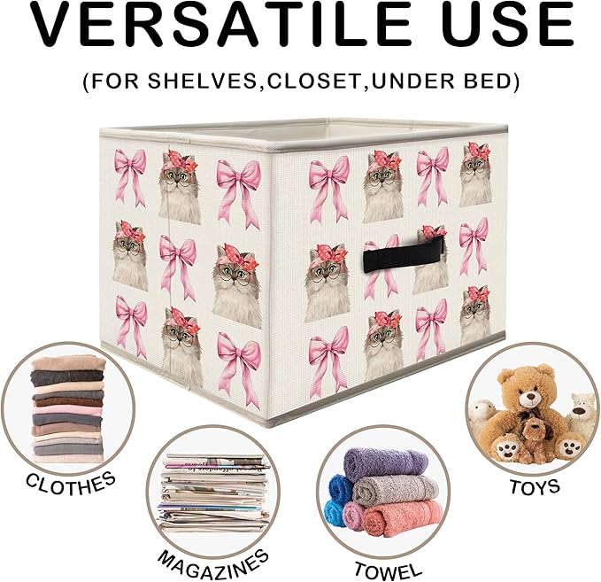 Nogrit Coquette Pink Bow Cat Storage Bins Box, Toybox for Girls, Preppy Cute Cat Kitten Foldable Baskets Organizer Container with Handles for Kids Girls Bedroom Bathroom Clothes Toys Books