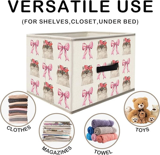 Nogrit Coquette Pink Bow Cat Storage Bins Box, Toybox for Girls, Preppy Cute Cat Kitten Foldable Baskets Organizer Container with Handles for Kids Girls Bedroom Bathroom Clothes Toys Books