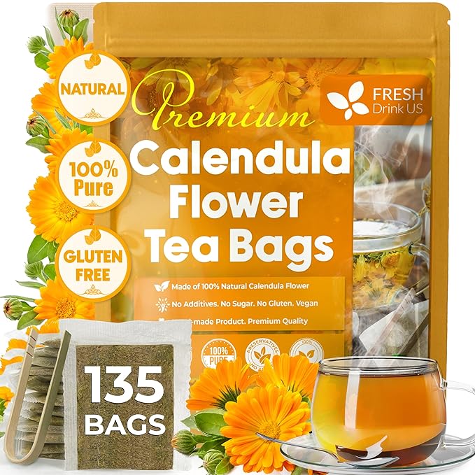 FreshDrinkUS, Premium 135 Calendula Tea Bags, 100% Natural and Pure Calendula Flowers, Eco-conscious Tea Bags. Herbal Tea. No Sugar, No Caffeine, No Gluten, Vegan.