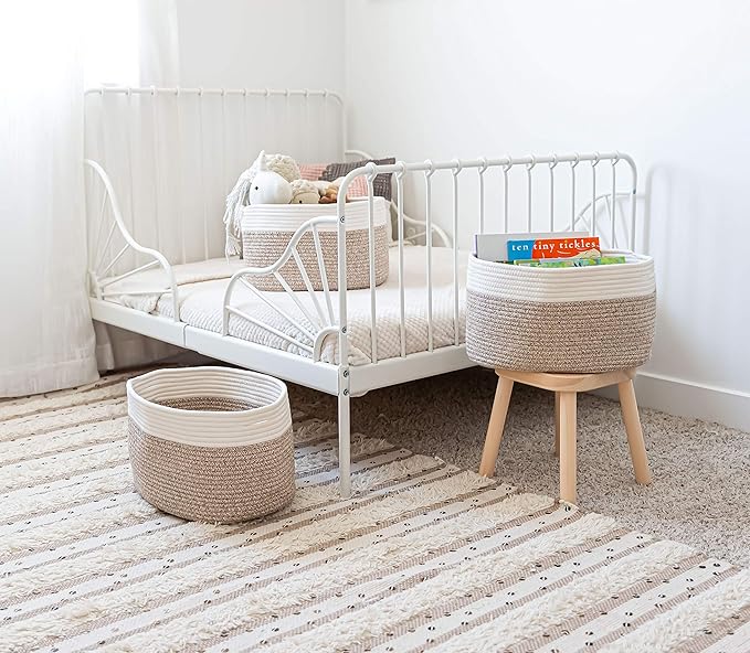 OrganiHaus Set of 3 Woven Storage Baskets for Shelves, Decorative Organizer Bins for Closet & Bathroom, Multipurpose Home Organization Baskets, Toy Storage Basket - Brown/Off-White, 15x9x10 inches