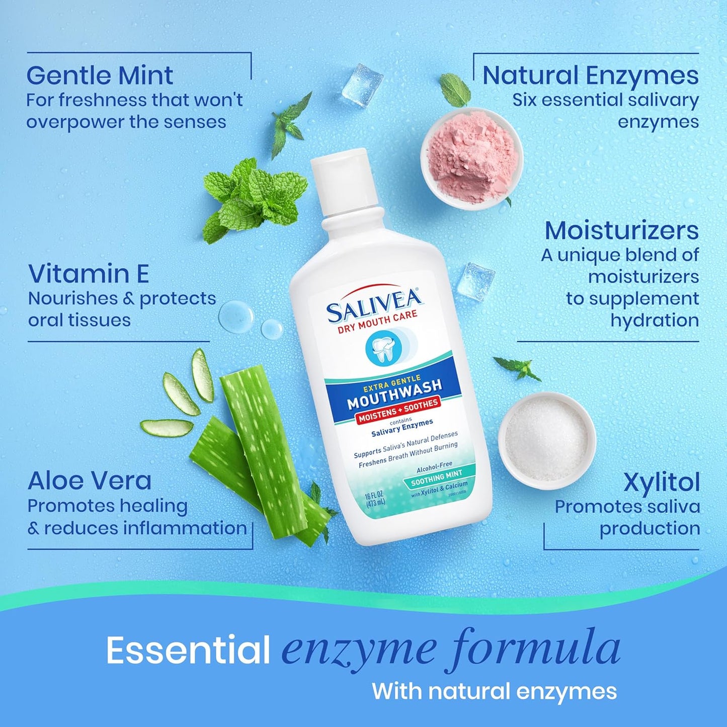 SALIVEA Dry Mouth Mouthwash - Soothing Mint Mouthwash with Natural Salivary Enzymes - Gentle Mouthwash to Aid Dry Mouth Care - Breath Freshener & Dry Mouth Care - Mint Flavor (16 oz Bottle)