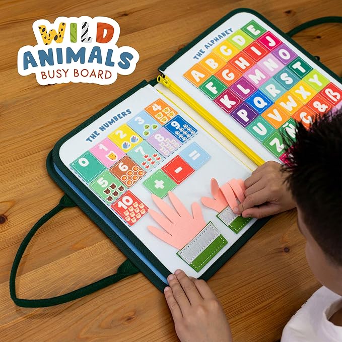 BONNYCO Busy Board for 1 Year Old Animals. Montessori Busy Book for Toddlers 1-3 2-4, Felt Quiet Book Baby. Montessori Toys, Toddler Learning Toys for Travel, Airplane, Car. Educational Activity Board