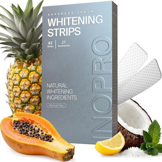 InoPro Natural Teeth Whitening Strips Kit 21 Treatments - Sensitive Teeth Whitener, Peroxide Free with Papain, Bromelain, Coconut Oil, White Strips for Teeth Whitening (42 Strips)