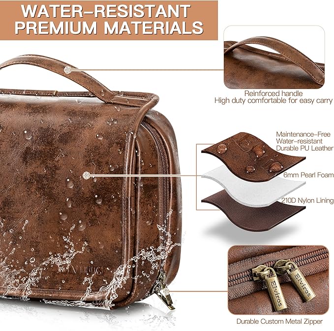 Elviros Hanging Travel Toiletry Bag Gift for Men，Mens Toiletries Bag Gifts Set Shaving Dopp Kit Water-resistant Bathroom Toiletries Organizer PU Leather Cosmetic Bags 2 Pack