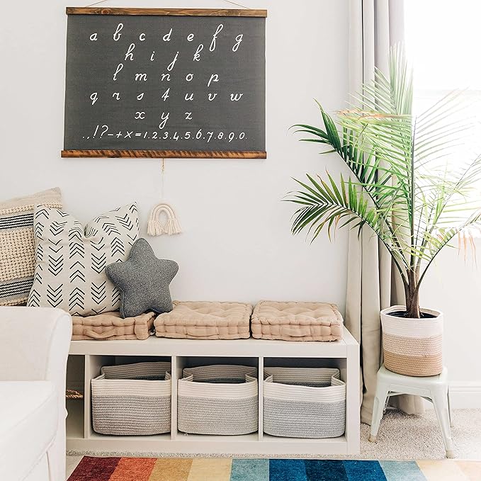 OrganiHaus Set of 3 Woven Storage Baskets for Shelves, Decorative Organizer Bins for Closet & Bathroom, Multipurpose Home Organization Baskets, Toy Storage Basket - Gray/Off-White, 15x9x10 inches