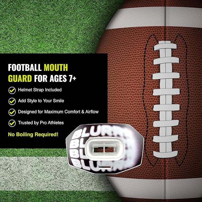 DAMAGE CONTROL Youth Football Mouth Guard – Breathable No Boil Mouthpiece, Protects Lips & Teeth, Works with Braces, Includes Helmet Strap – Sports Gear & Accessories (Blurr)
