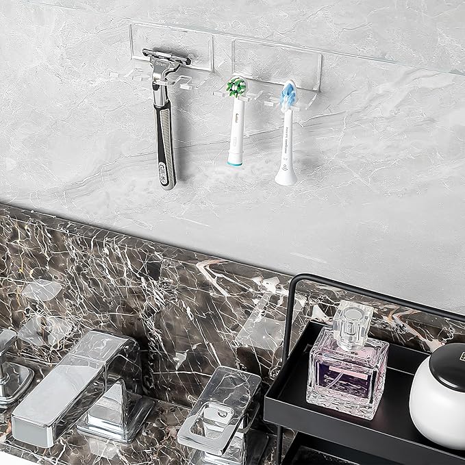 2 Pack Self Adhesive Toothbrush Holders Wall Mounted, 3 Slots Electric Toothbrush Organizer for Shower, Multipurpose Rack Hanger for Power Plug, Razor, Key(Clear)
