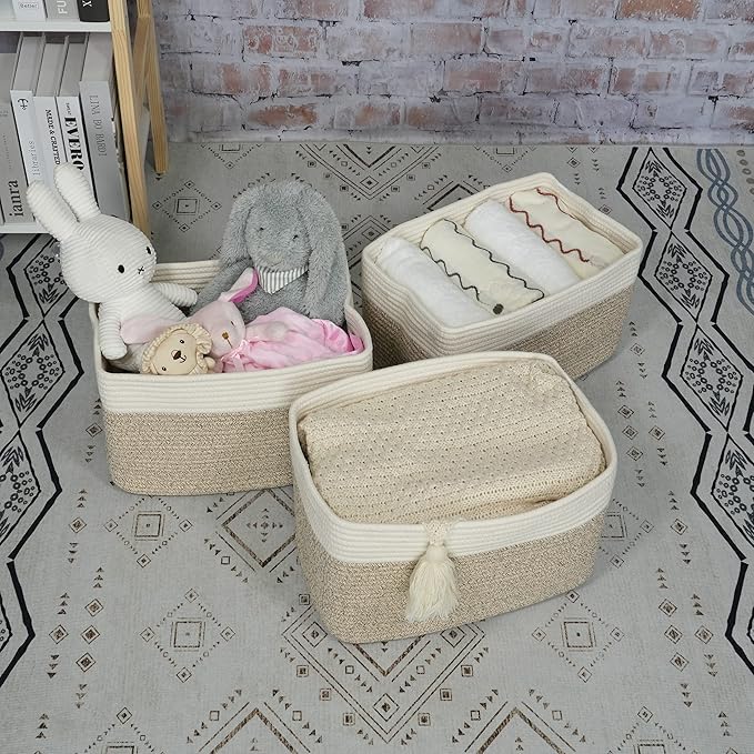 Cotton Rope storage Basket Bins Woven Basket for Organizing Shelves 14.5X9.5X9.3" Rectangle Decorative Baskets For storage Clothes Toys Books Towels Nursery basket organizer 3 pack white and brown