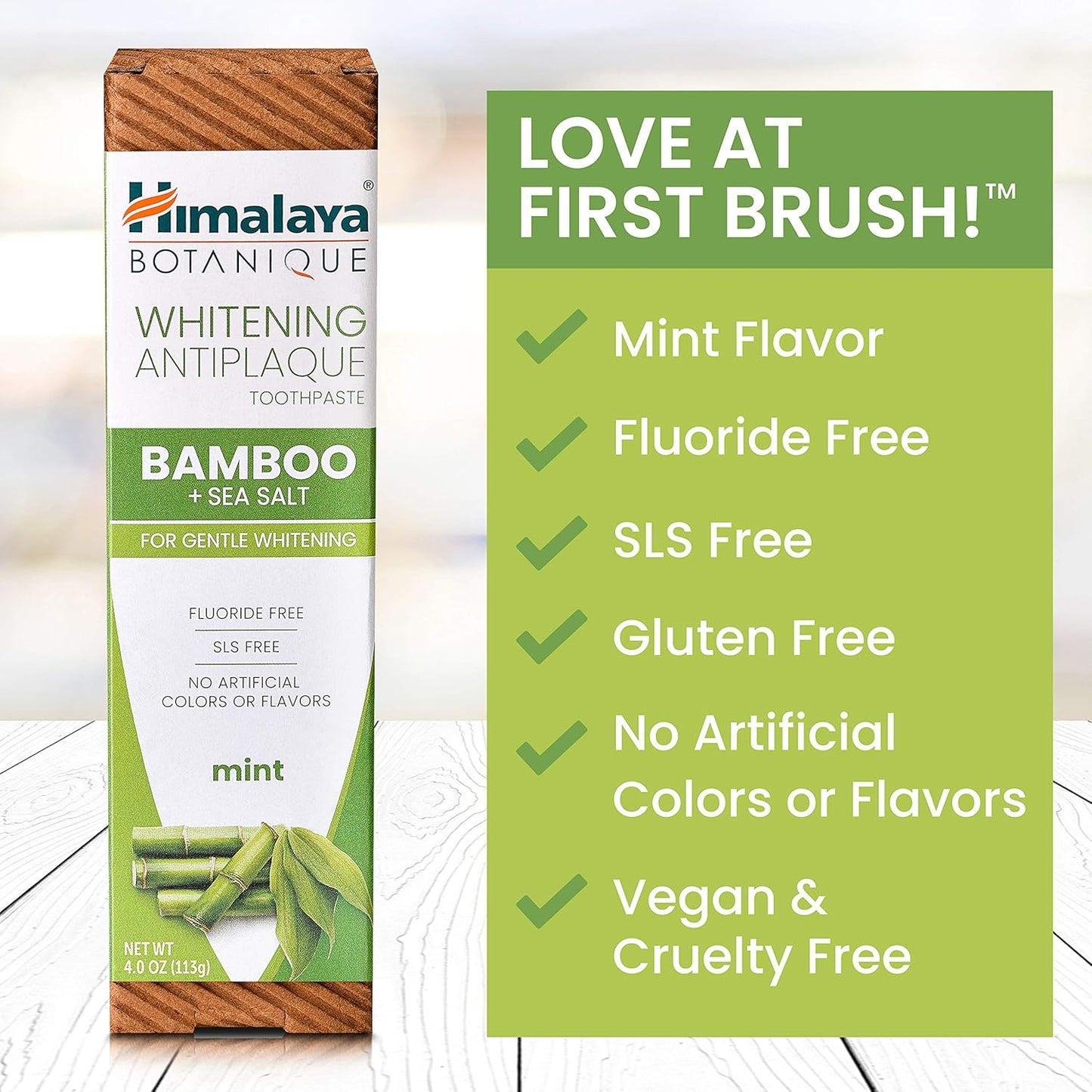 Himalaya Botanique Whitening Antiplaque Toothpaste with Bamboo + Sea Salt, Fluoride Free, for Gentle Whitening, 4 oz