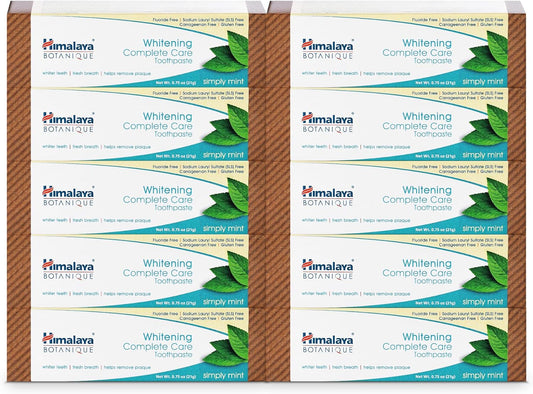 Himalaya Botanique Whitening Complete Care Travel Toothpaste, Mint - Travel Size Whitening Toothpaste Without Fluoride for Brighter Teeth & Fresh Breath - Vegan, 0.74 oz (Pack of 10)