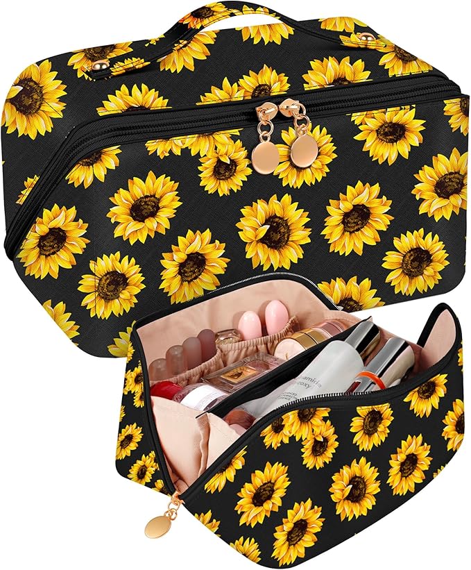 Bistup Makeup Bag Travel Cosmetic Bag Toiletry Make Up Bags Cute Women Large Capacity Big Medium Leather Sunflower Aesthetic Portable Teen Girl Teenage Foldable Expandable Compact Open Flat Zip