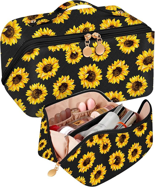 Bistup Makeup Bag Travel Cosmetic Bag Toiletry Make Up Bags Cute Women Large Capacity Big Medium Leather Sunflower Aesthetic Portable Teen Girl Teenage Foldable Expandable Compact Open Flat Zip