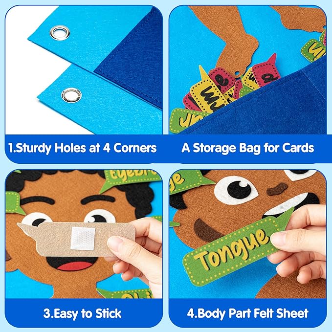 WATINC 35Pcs Brown Skin Color Body Parts Learning Felt Story Board Set, Human Organ Educational Teaching Storytelling Kit, Early Learning Interactive Play Wall Hanging Gift for Toddlers Kids