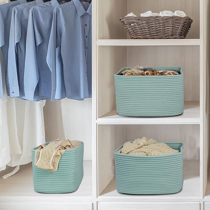Cotton Rope storage Basket Bins Woven Basket for Organizing Shelves 14.5X9.5X9.3" Rectangle Decorative Baskets For storage Clothes Toys Books Towels Nursery basket organizer 3 pack Green