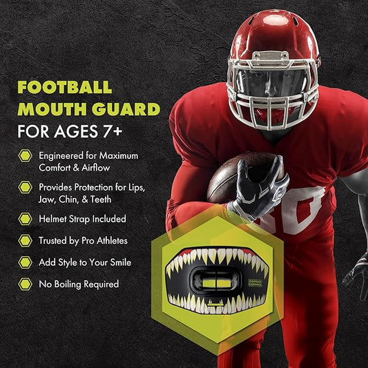 DAMAGE CONTROL Youth Football Mouth Guard – Breathable No Boil Mouthpiece, Protects Lips & Teeth, Works with Braces, Includes Helmet Strap – Sports Gear & Accessories (Symbite)