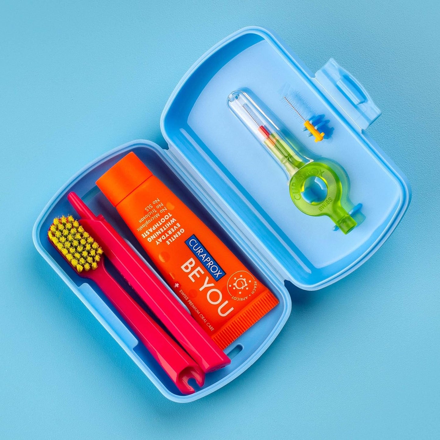 Curaprox Travel Kit - CS 5460 Toothbrush with 'Be You' Toothpaste | 2 CPS Prime Interdental Brushes 07 and 09 | Dental Care Kit 9.5 cm x 6 cm | Blue