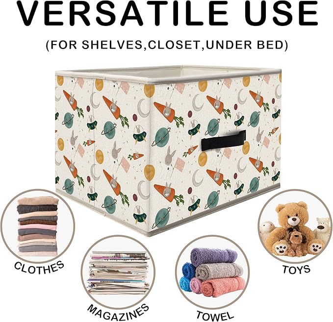 Nogrit Outer Space Carrot Rabbit Storage Bins Box, Toybox for Boys Girls, Cosmic Cute Bunny Foldable Baskets Organizer Container with Handles for Bedroom Bathroom Kids Nursery Clothes Toys Books