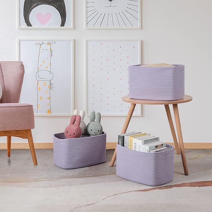 Cotton Rope storage Basket Bins Woven Basket for Organizing Shelves 14.5X9.5X9.3" Rectangle Decorative Baskets For storage Clothes Toys Books Towels Nursery basket organizer 3 pack purple or lavender