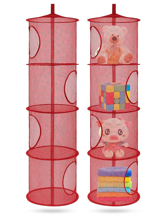 Libeder Stuffed Animal Storage Mesh Hanging Storage Space Saver Bags Organizer,Foldable Storage Organizer 4 Compartments Toy Net Storage Basket for Kids Room Bathroom 2 Sets Red
