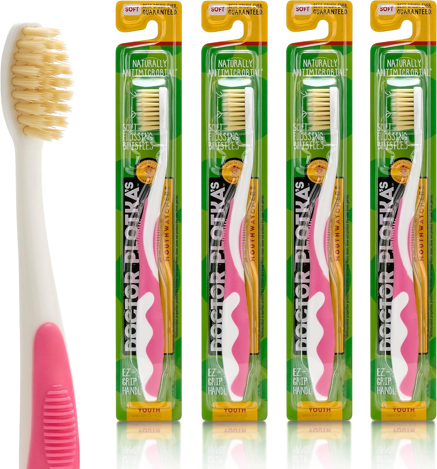 MOUTHWATCHERS Soft Childrens Flossing Manual Toothbrush, Value Pack of 4, Pink Toothbrushes for Kids & Teens, Ultra Clean, by Dr. Plotka's