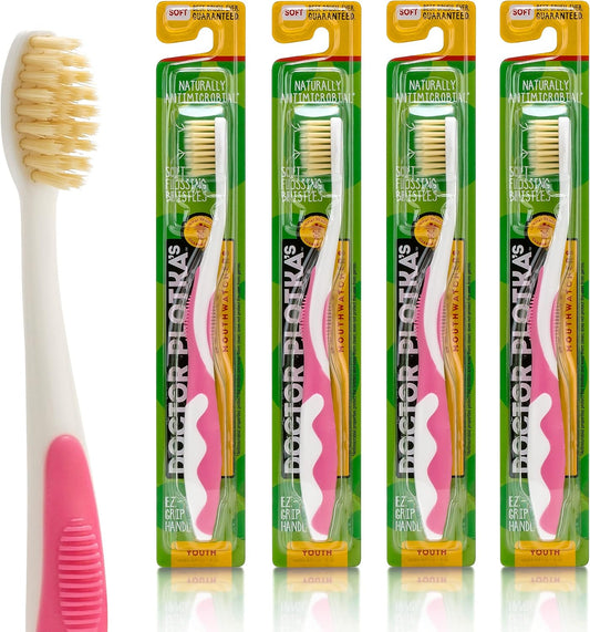 MOUTHWATCHERS Soft Childrens Flossing Manual Toothbrush, Value Pack of 4, Pink Toothbrushes for Kids & Teens, Ultra Clean, by Dr. Plotka's