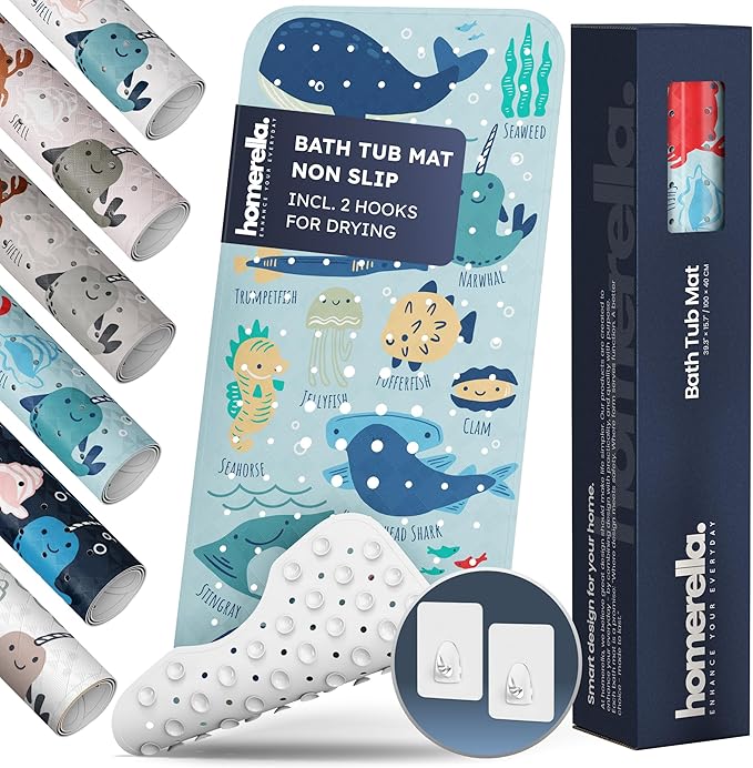 Bath Tub Mat Non Slip Anti Mold for Kids BPA Free INCL Hooks - homerella® Ocean Sea Animals 40x16, Baby Bath Mat Non Slip 200 Suction Cups, Non Toxic Machine Washable Toddler Bath Mat, EU Certified