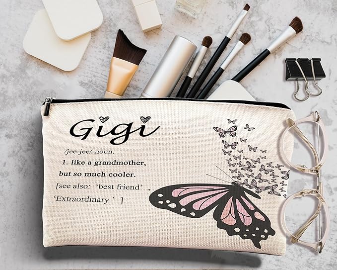 kdqua Gigi Butterfly Makeup Bag, Best Gigi Gifts for Christmas Birthday from Grandkids, Grandma Gifts from Granddaughters Grandsons Cosmetic Bags Zipper Pouch Travel Organizer Toiletry Bag