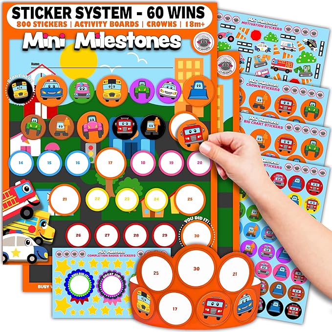 MINI MILESTONES 2-PK Toddler Brush Teeth Chart Reward Chart for Toddlers by LIL ADVENTS: Toddler Sticker Behavior Chart, Reward Chart for Kids, 800+ Stickers, Activity Board, Crown (Busy Vehicles)