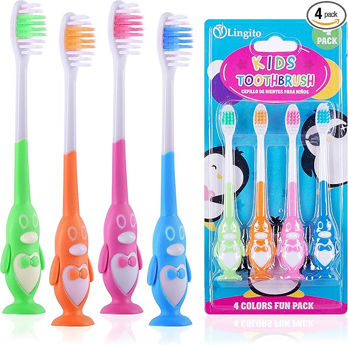 Kids Toothbrush Suction Cup, Toddler Toothbrush Soft Bristles, Child Toothbrush Suction Cups For Easy Access, Toddler Toothbrushes Handles Perfect For Tiny Hands of Boys and Girls (4 Pack - Penguin)