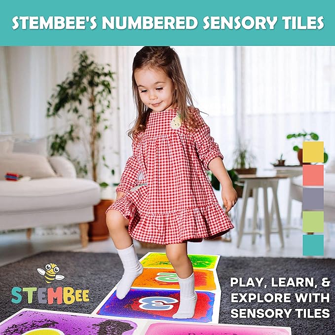 10-Pack Numbered Liquid Sensory Tiles, 12" x 12" Activity Play Mats for Toddlers Kids Boys Girls, Colorful Sensory Water Mat, Floor Activity Mat, Childhood Educational Toddler Learning Toys