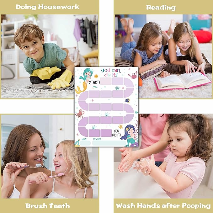 10 Mermaid Reward Chart with 216 Round Stickers, Incentive Behavior Chart for Kids at Home Classroom, Kids Routine Daily Chore Sticker Chart-A11