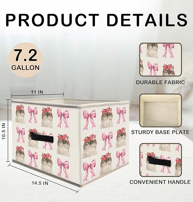 Nogrit Coquette Pink Bow Cat Storage Bins Box, Toybox for Girls, Preppy Cute Cat Kitten Foldable Baskets Organizer Container with Handles for Kids Girls Bedroom Bathroom Clothes Toys Books