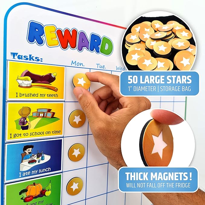 Large Magnetic Reward Chart for Kids - 127 Pre-Written Stickers (Including Potty Training) + 30 Customizable Chores - Behavior, Responsibility & Incentive Routine Star Chart for Fridge (1 Kid Version)
