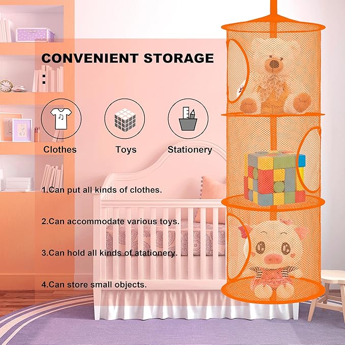 Libeder Mesh Hanging Storage Space Saver Bags Organizer,Foldable Storage Organizer 3 Compartments Toy Storage Basket for Kids Room Bathroom 2 Sets Orange