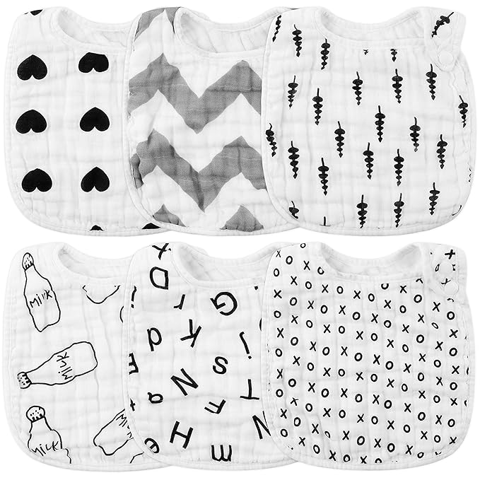 Zainpe 6Pcs Snap Muslin Cotton Bibs for Baby Love Heart Milk Letter Pattern Bib with 6 Absorbent Soft Layers, Machine Washable Burp Cloths for Infants Newborns Toddlers Drooling Feeding and Teething