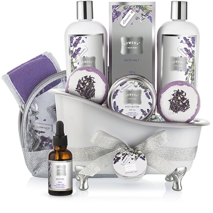 Christmas Gift Baskets for Women Bath Gift Set for Women, Bath and Body Spa Set Lavender and Jasmine with Large Bath Bombs, Salts, Shower Gel, Body Butter Lotion, Bath Oil, Bubble Bath, Loofah & More