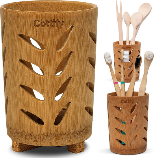 Eco-Friendly Bamboo Toothbrush Holder with Drainage – Quick Drying Single-Piece Design – Toothbrush Holders for Bathrooms – Wooden Toothbrush Holder Resilient in Humid Conditions - Matte Leaves