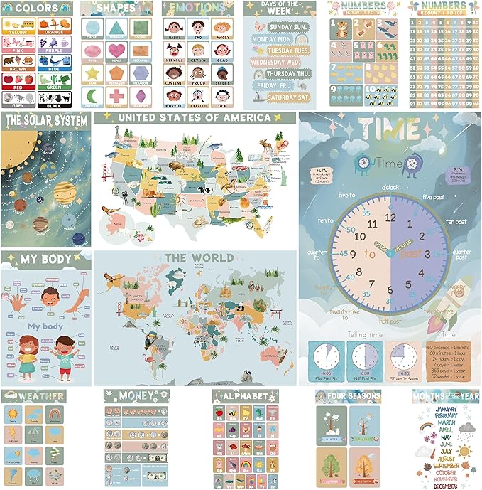 16 Educational Posters for Preschoolers, Laminated PreK Learning Poster Charts for Toddlers 1-3, Learning Wall Charts for Kids’ Bedroom, Playroom, Preschool, Kindergarten and Homeschool (Morandi B)