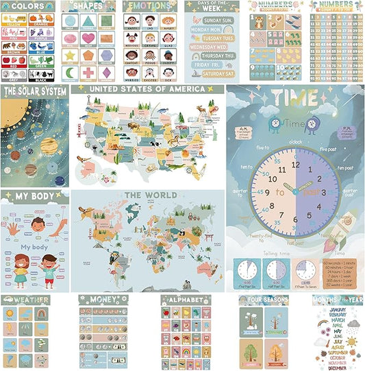 16 Educational Posters for Preschoolers, Laminated PreK Learning Poster Charts for Toddlers 1-3, Learning Wall Charts for Kids’ Bedroom, Playroom, Preschool, Kindergarten and Homeschool (Morandi B)