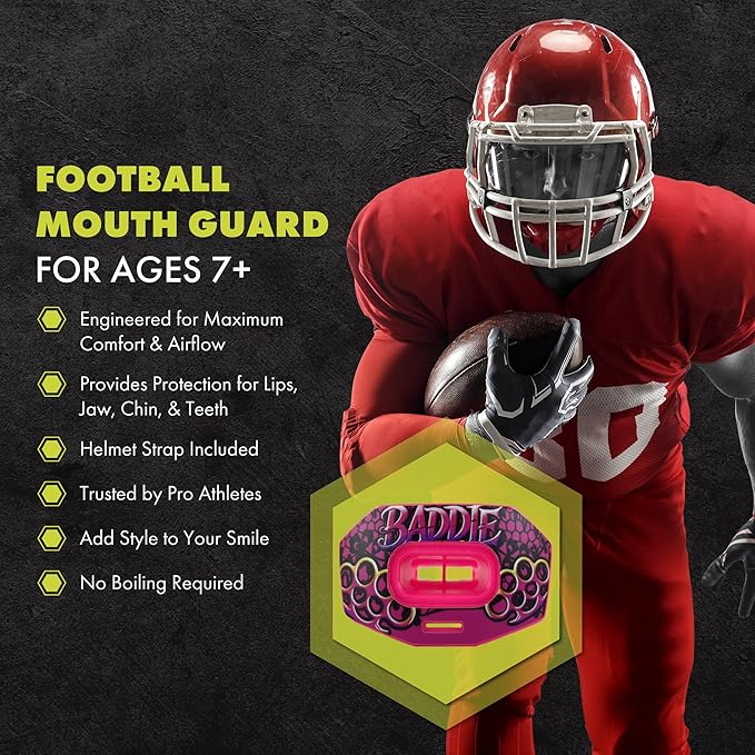 DAMAGE CONTROL Youth Football Mouth Guard – Breathable No Boil Mouthpiece, Protects Lips & Teeth, Works with Braces, Includes Helmet Strap – Sports Gear & Accessories (Baddie)