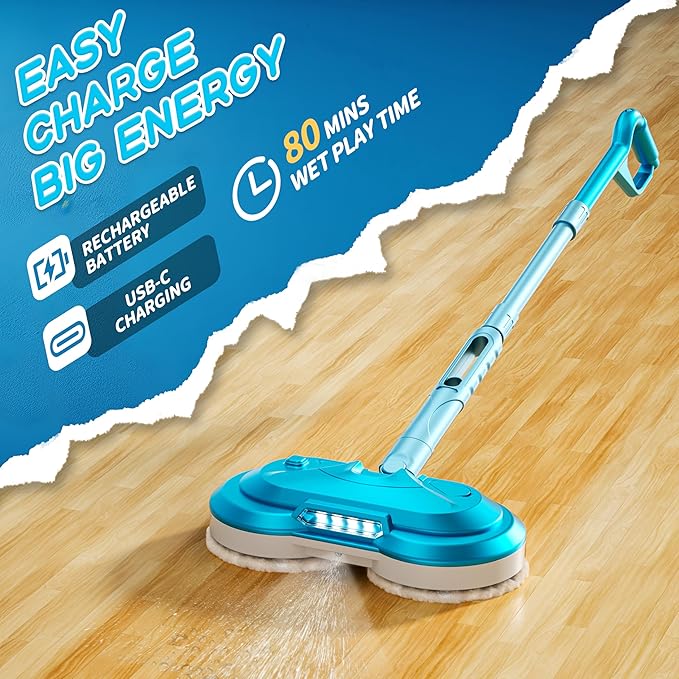 Kids Electric Spin Mop Toy, Rechargeable Cordless Electric Mop W/LED Headlight & Water Sprayer for Children Ages 3 4 5 6+ Boys & Girls, Cleaning Toy for Pretend Play (Light Blue)