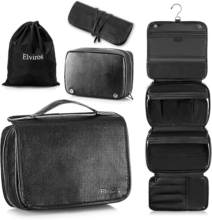 Elviros Hanging Toiletry Bag Removable Travel Bag PU leather Makeup Cosmetic Organizer Kit, Black