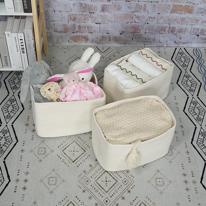 Cotton Rope storage Basket Bins Woven Basket for Organizing Shelves 14.5X9.5X9.3" Rectangle Decorative Baskets For storage Clothes Toys Books Towels Nursery basket organizer 3 pack white