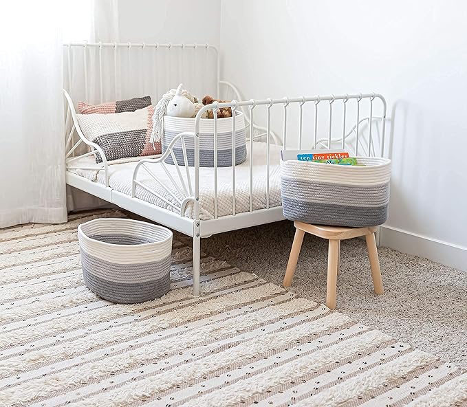 OrganiHaus Set of 3 Gray Woven Storage Baskets for Shelves, Decorative Organizer Bins for Closet, Bathroom & Living Room, Multipurpose Home Organization Baskets, Toy Storage Basket - 15x9x10 inches