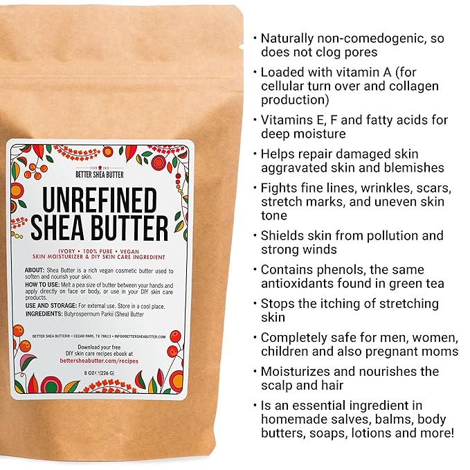 Raw Shea Butter - 100% Pure African Unrefined Shea Butter for Hair | Skin Moisturizer for Face and Body | with Natural Smoky Scent | Use for Soap Base, DIY Whipped Lotion, Lip Balm - 8 oz Block