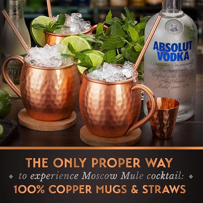 Gift Set Moscow Mule Mugs Set Of 4 16 oz Solid Cooper, 100% Pure Copper Cups HANDCRAFTED, BONUS 4 Straws, 4 Wood Coasters, Stirring Spoon, Shot Glass and Cleaning brush (Oval)