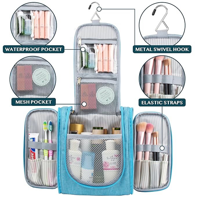 PAVILIA Toiletry Bag Travel Bag for Women Men, Hanging Cosmetic Organizer, Water Resistant Makeup Bag for Accessories Toiletries, Large Travel Essentials Kit (Turquoise)