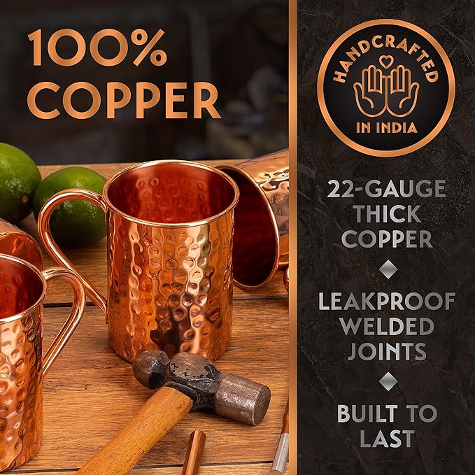 Gift Set Moscow Mule Mugs Set Of 4 16 oz Solid Cooper, 100% Pure Copper Cups Cylindrical Shape HANDCRAFTED, BONUS 4 Straws, 4 Wood Coasters, Stirring Spoon, And Shot Glass (Square)